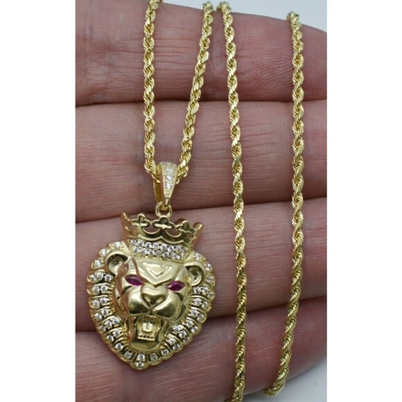 Real 10k Yellow Gold Diamond Cut 3D Lion Head Pendant+Chain 16"-24"